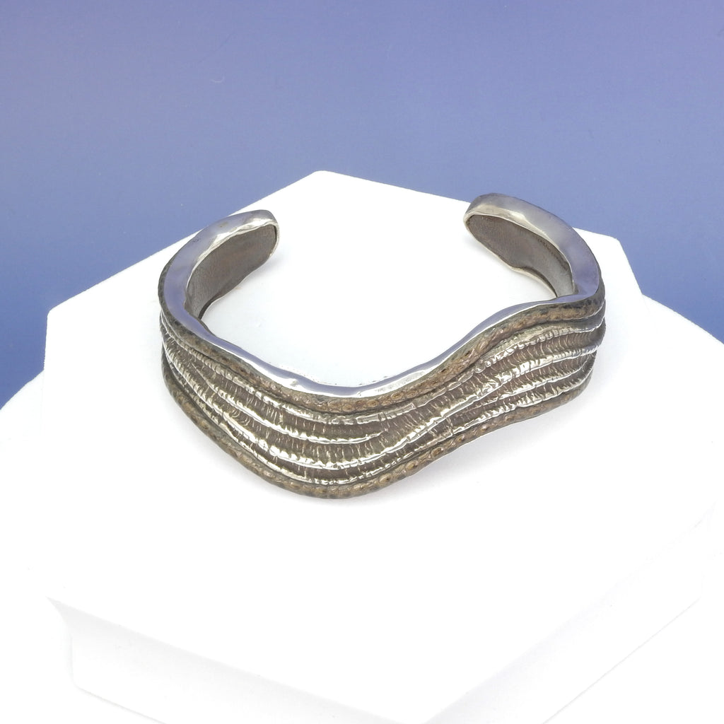 Sterling Silver Oxidized Wavy Cuff Bracelet w/ Leather