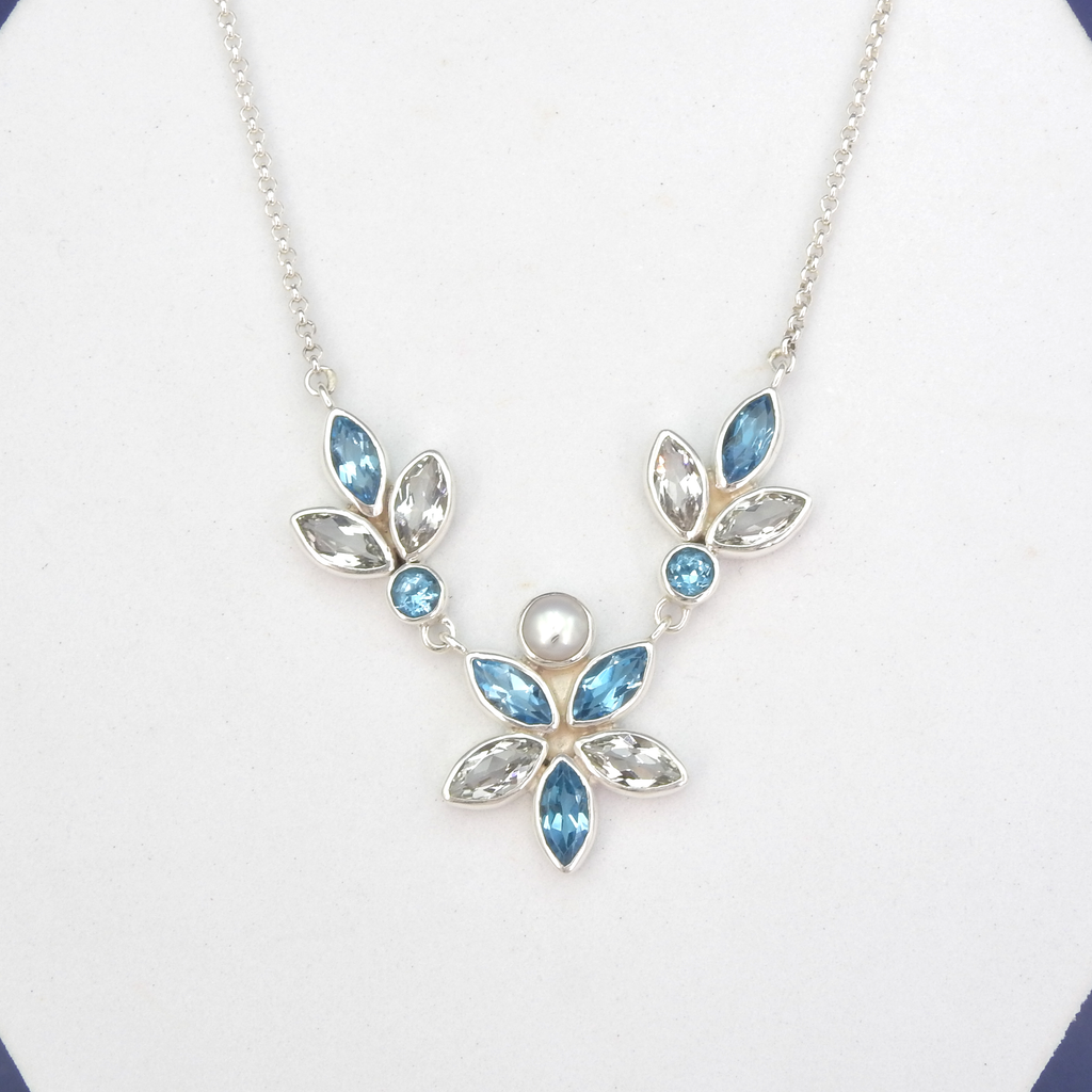 Sterling Silver Blue Topaz & Pearl Flower Necklace