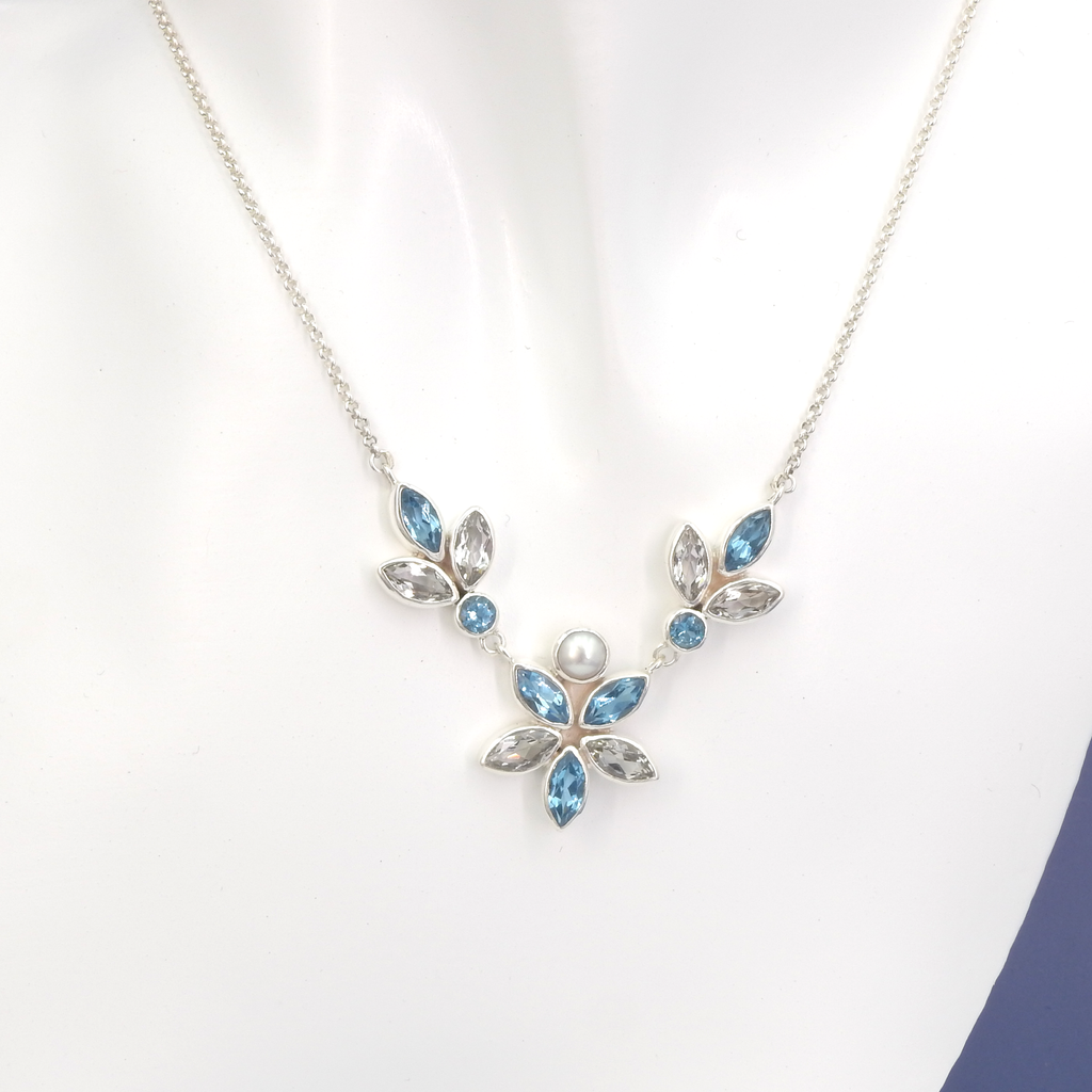 Sterling Silver Blue Topaz & Pearl Flower Necklace