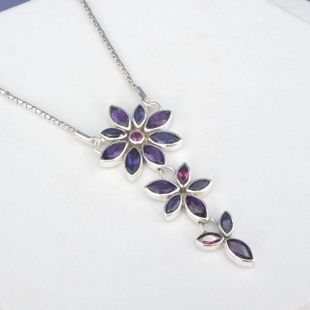 Sterling Silver Amethyst, Iolite & Garnet Flower Necklace