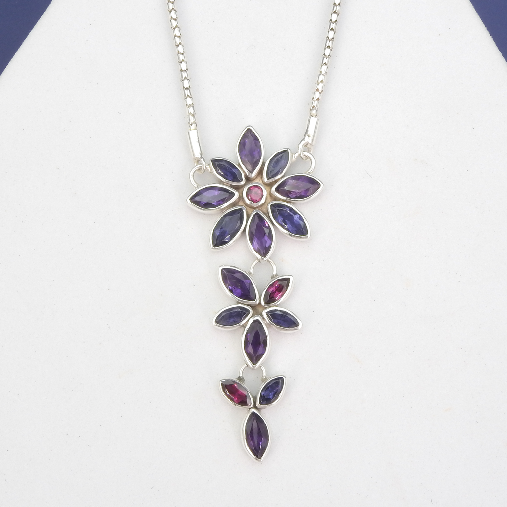 Sterling Silver Amethyst, Iolite & Garnet Flower Necklace