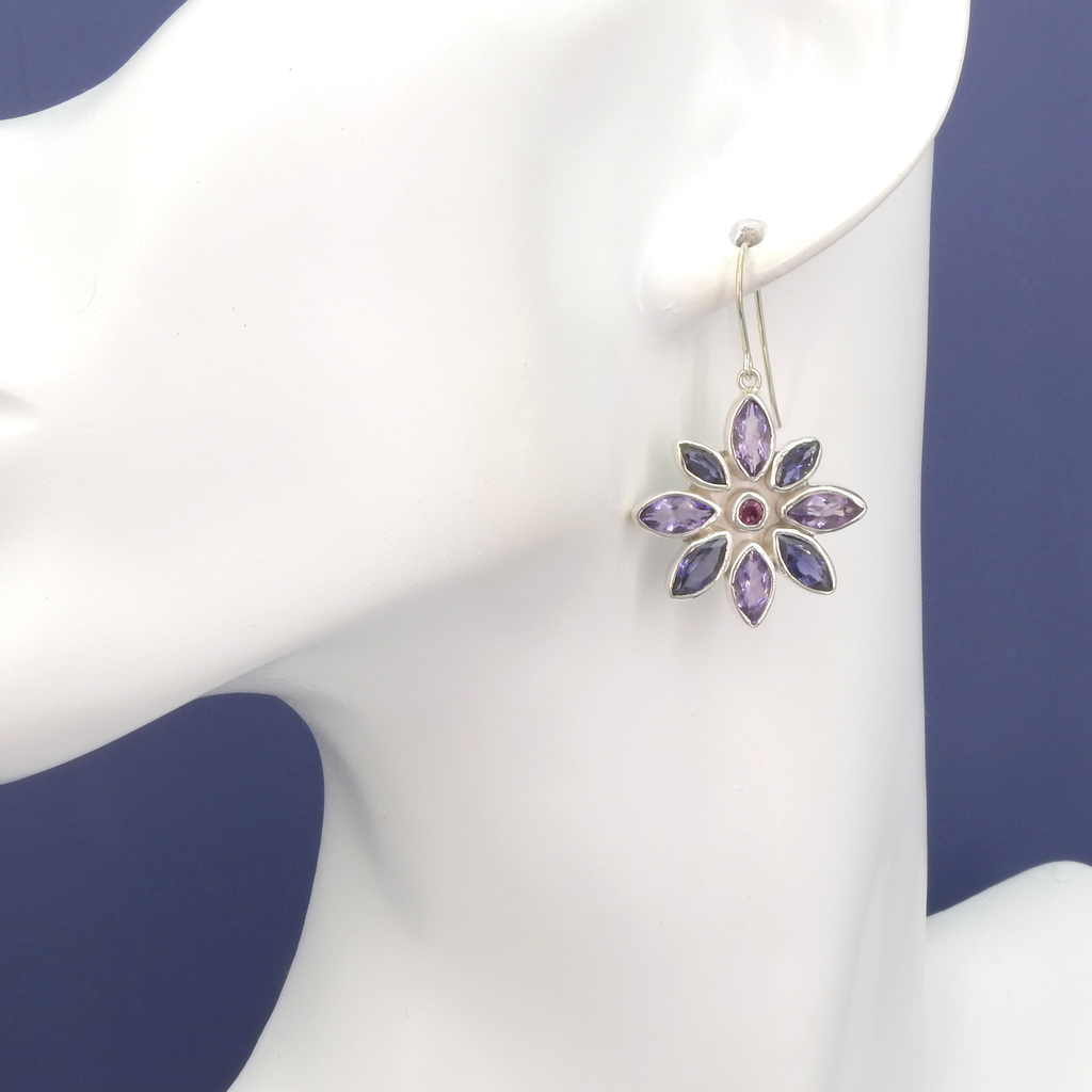 Sterling Silver Amethyst, Garnet & Iolite Flower Earrings
