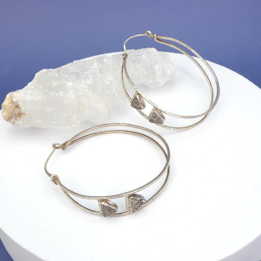 Sterling Silver Large Hoop Earrings w/ Platinum Druzy
