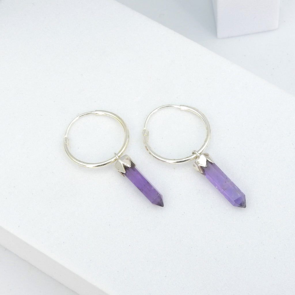 Sterling Silver Amethyst Point Hoop Earrings