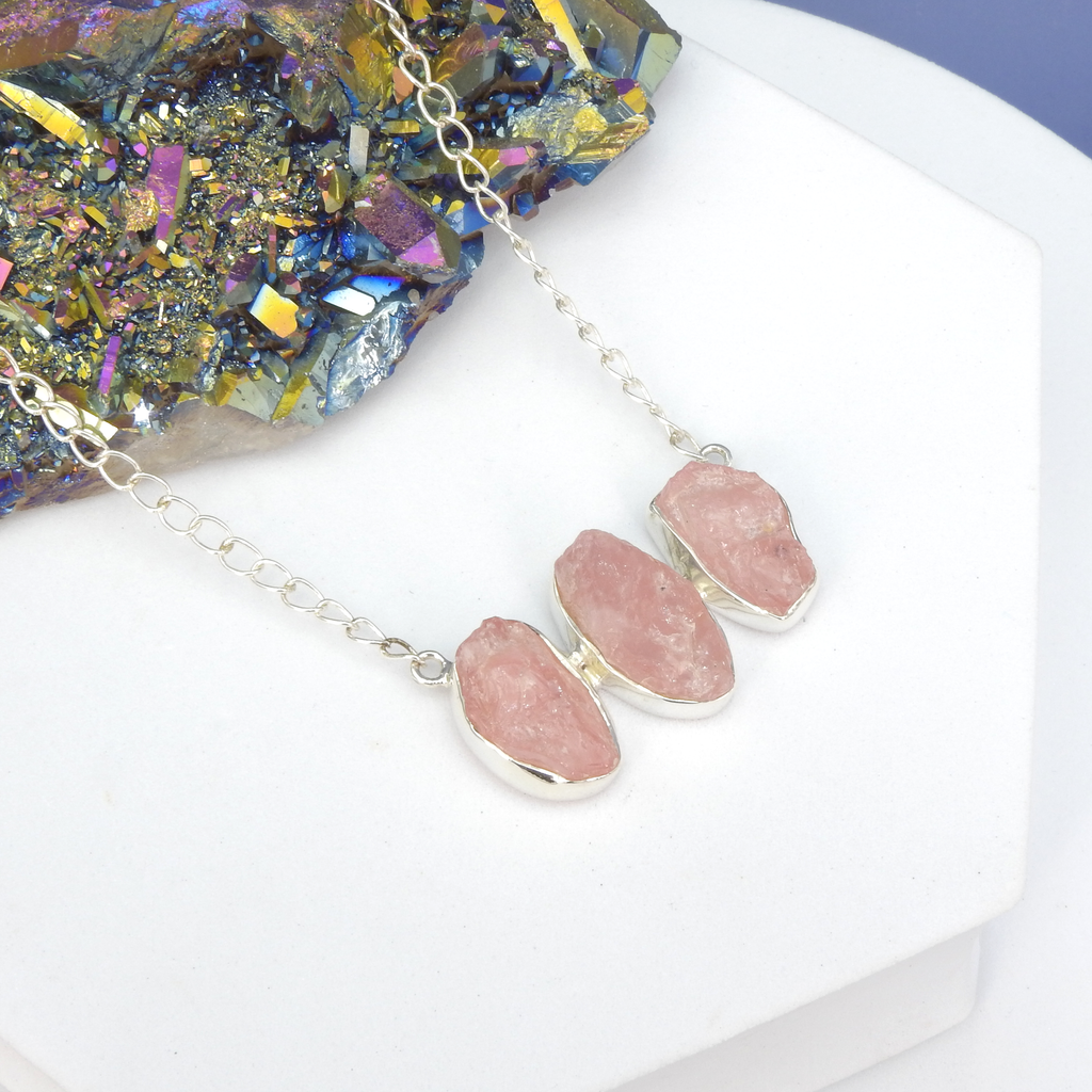 Sterling Silver Rose Quartz Three Stone Necklace