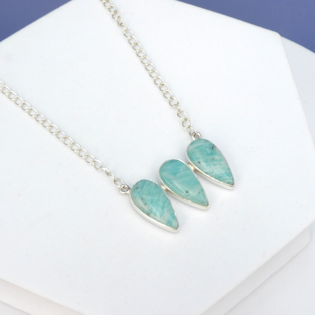 Sterling Silver Amazonite Three Stone Necklace