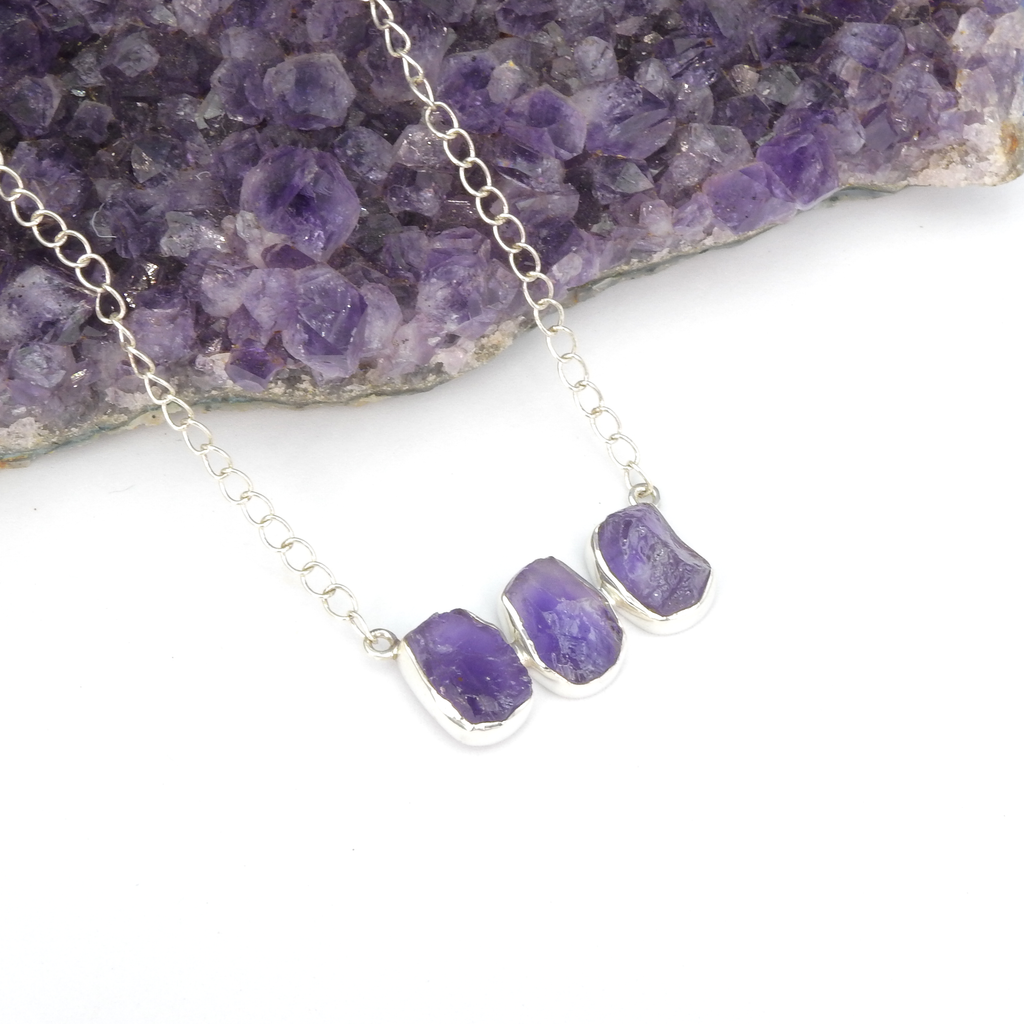 Sterling Silver Rough Amethyst Three Stone Necklace