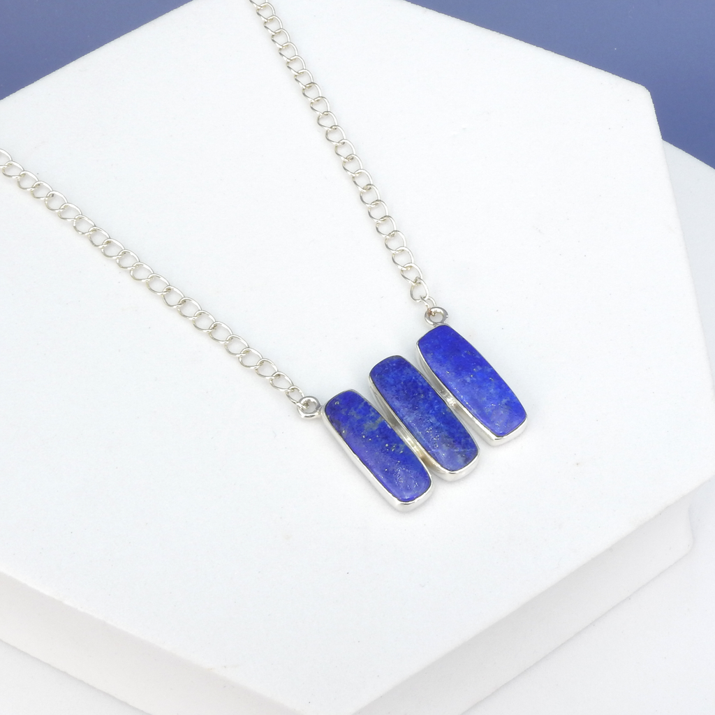 Sterling Silver Lapis Three Stone Necklace