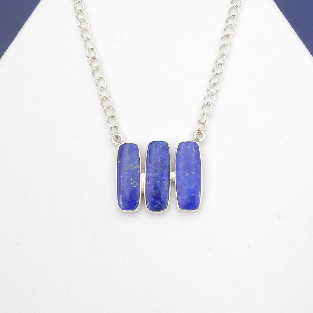 Sterling Silver Lapis Three Stone Necklace