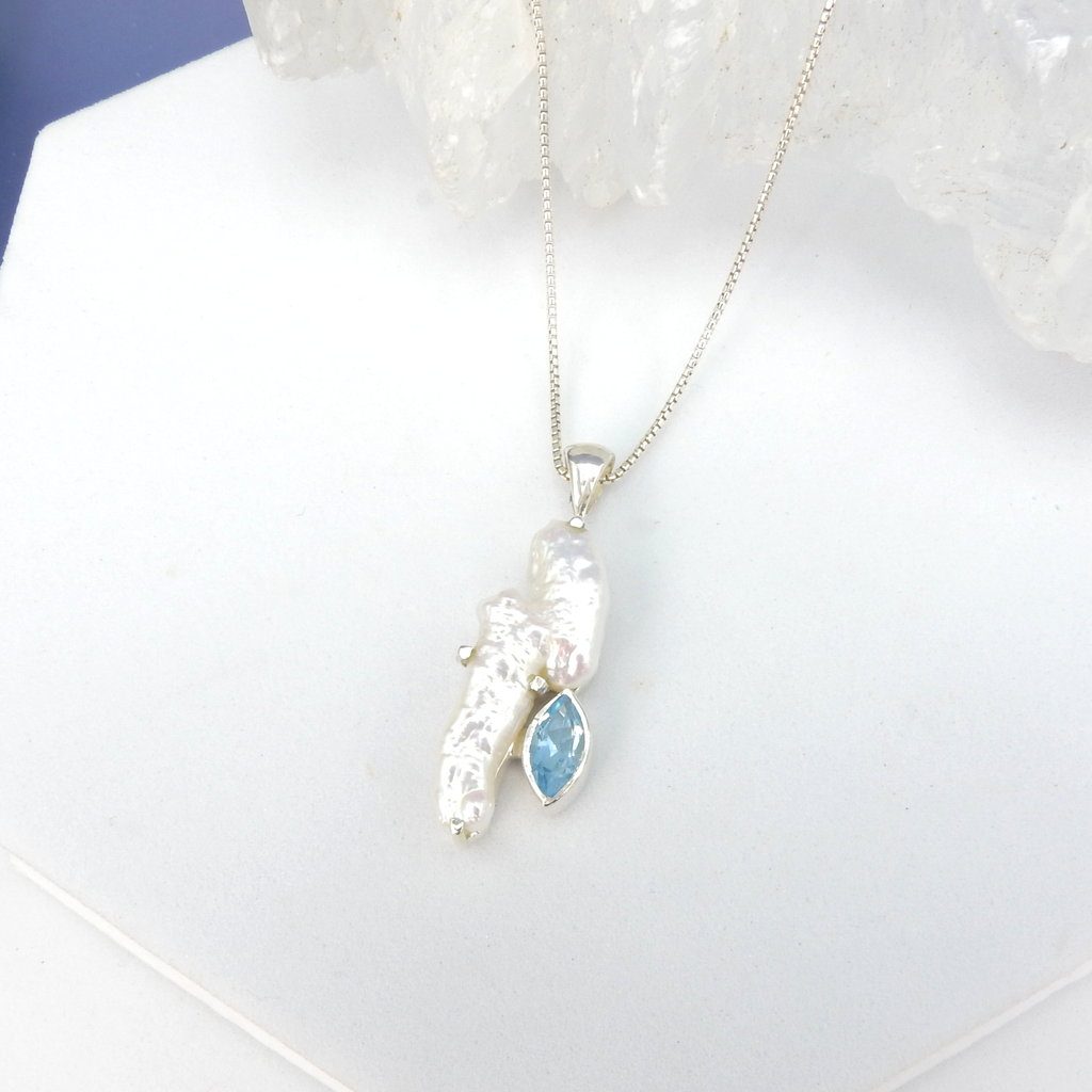 Sterling Silver Biwa Pearl & Blue Topaz Pendant