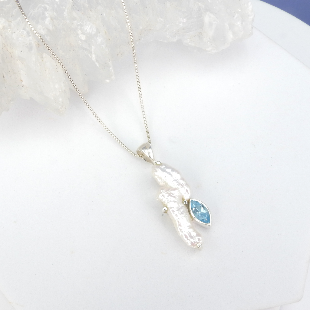 Sterling Silver Biwa Pearl & Blue Topaz Pendant