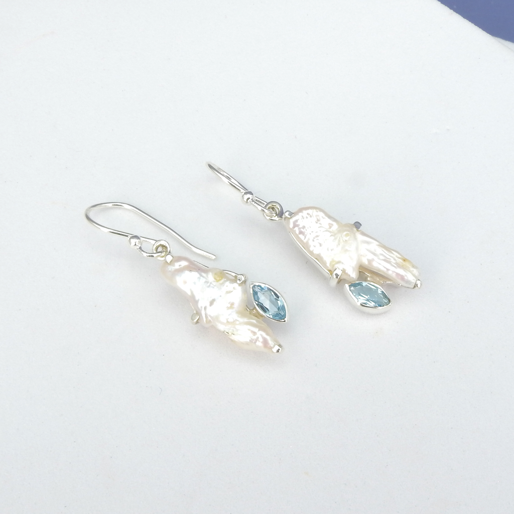 Sterling Silver Biwa Pearl & Blue Topaz Earrings