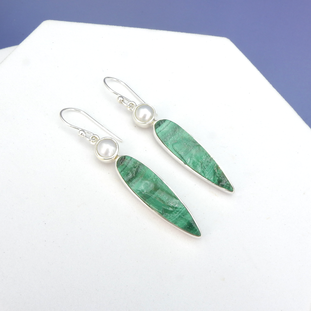 Sterling Silver Malachite & Pearl Earrings