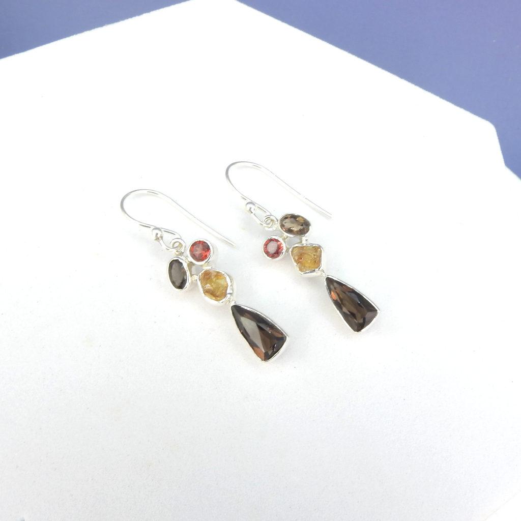 Sterling Silver Smokey Quartz, Citrine & Garnet Earrings