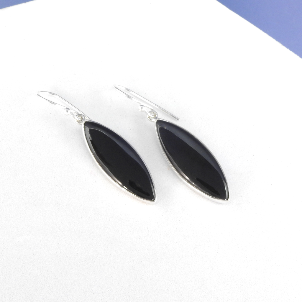 Sterling Silver Long Onyx Earrings