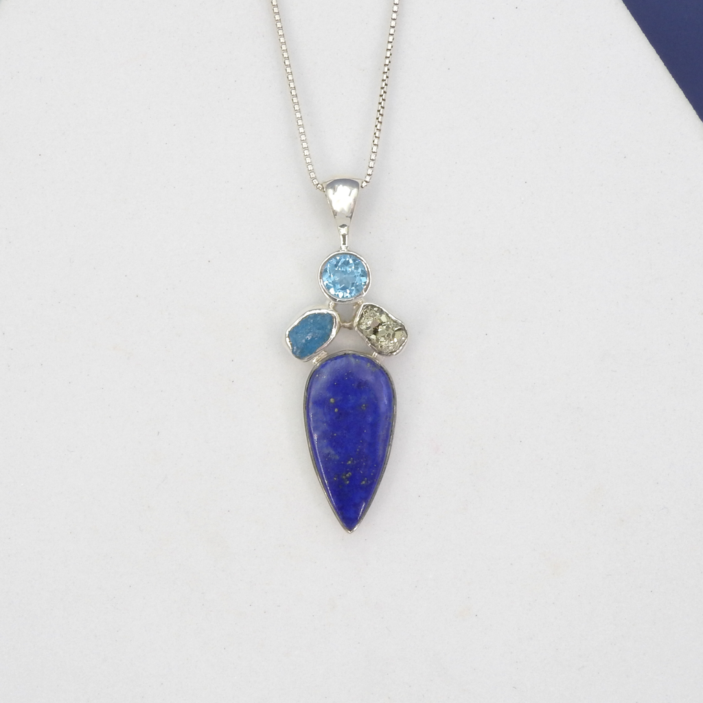 Sterling Silver Lapis, Apatite, Blue Topaz & Pyrite Pendant