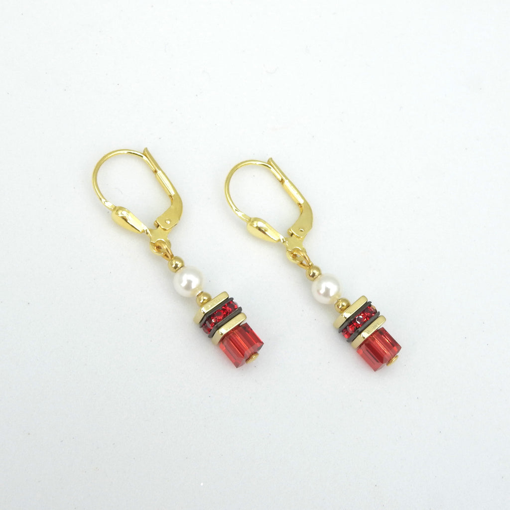 Red Crystal & Pearl Earrings