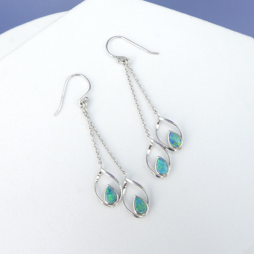 Sterling Silver Long Opal Dangle Earrings
