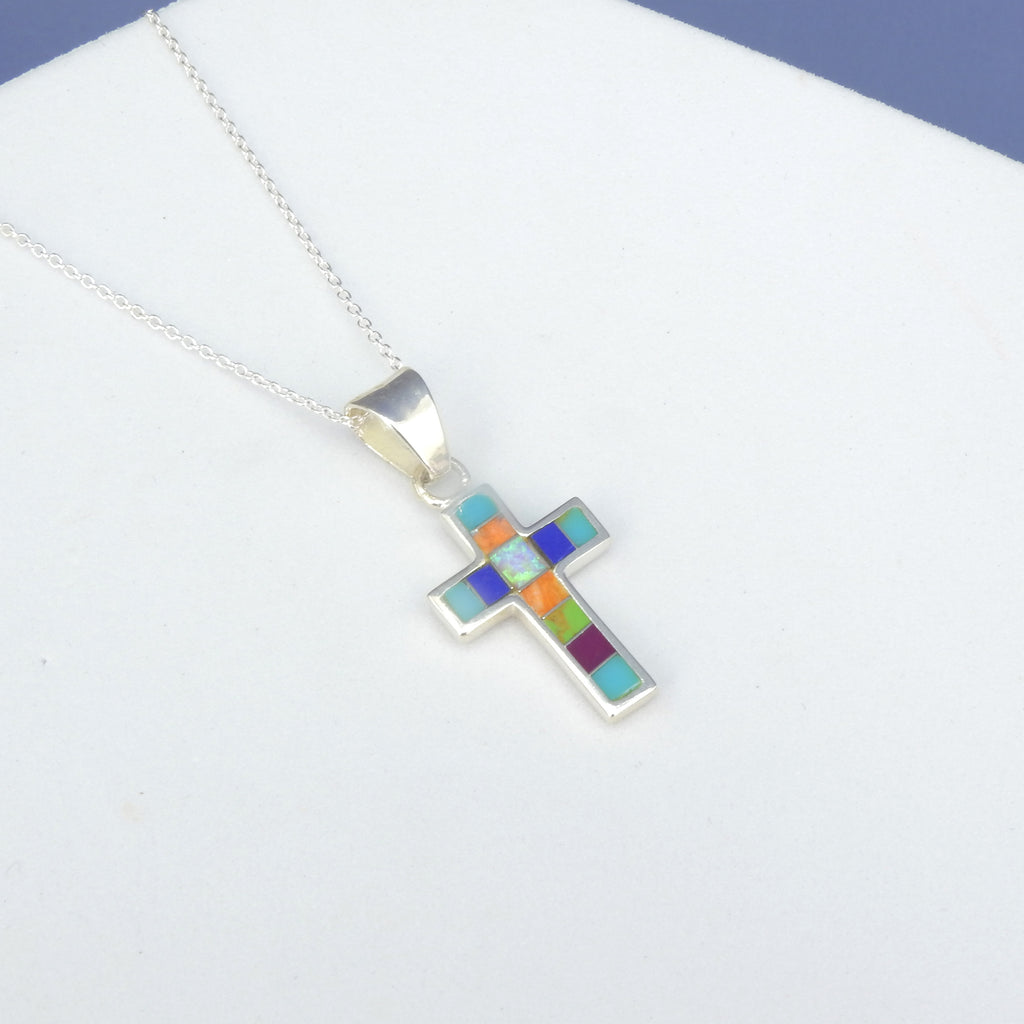Sterling Silver Small Colorful Inlay Cross Pendant