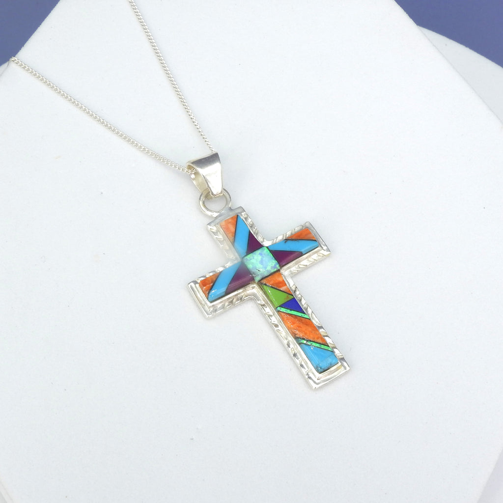 Sterling Silver Multi Color Cross Inlay Pendant