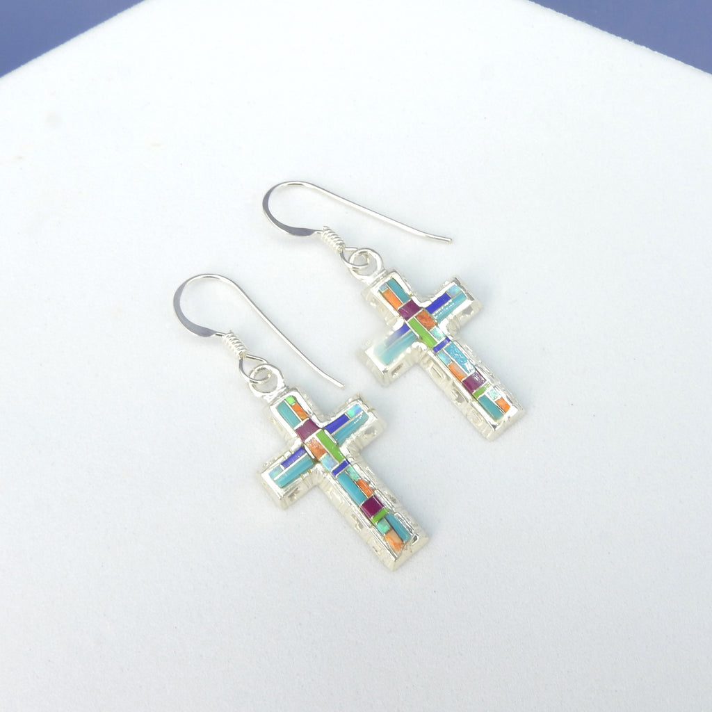 Sterling Silver Inlay Cross Earrings