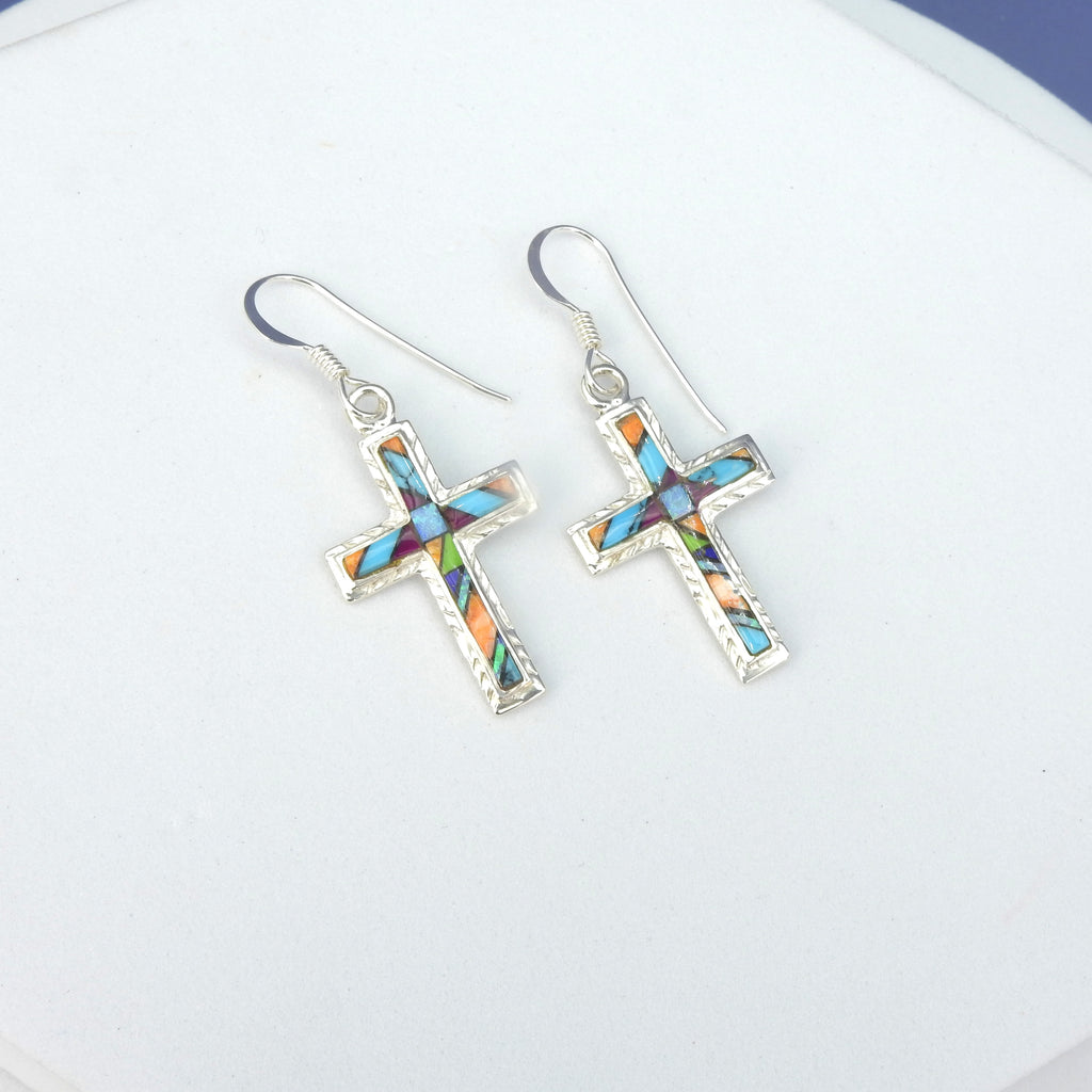Sterling Silver Multi Color Inlay Cross Earrings