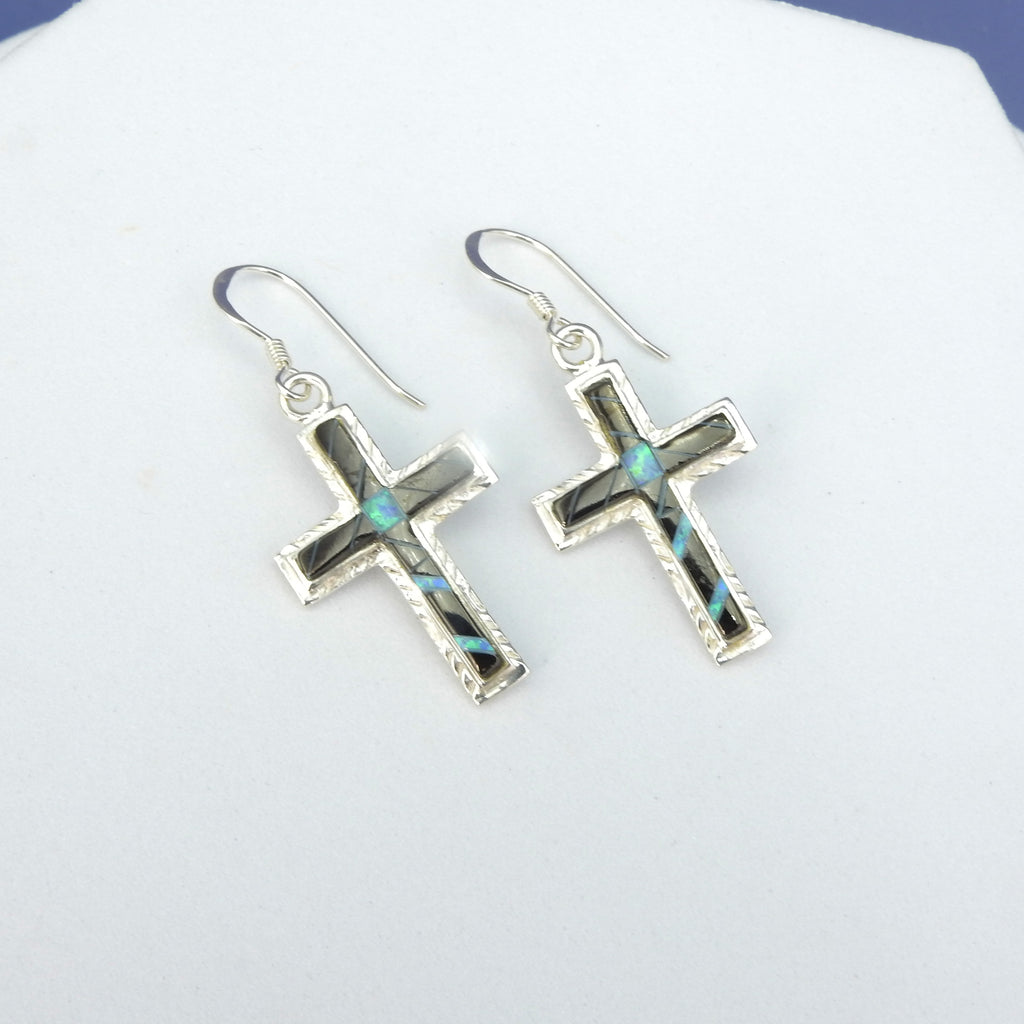 Sterling Silver Onyx & Opal Cross Earrings