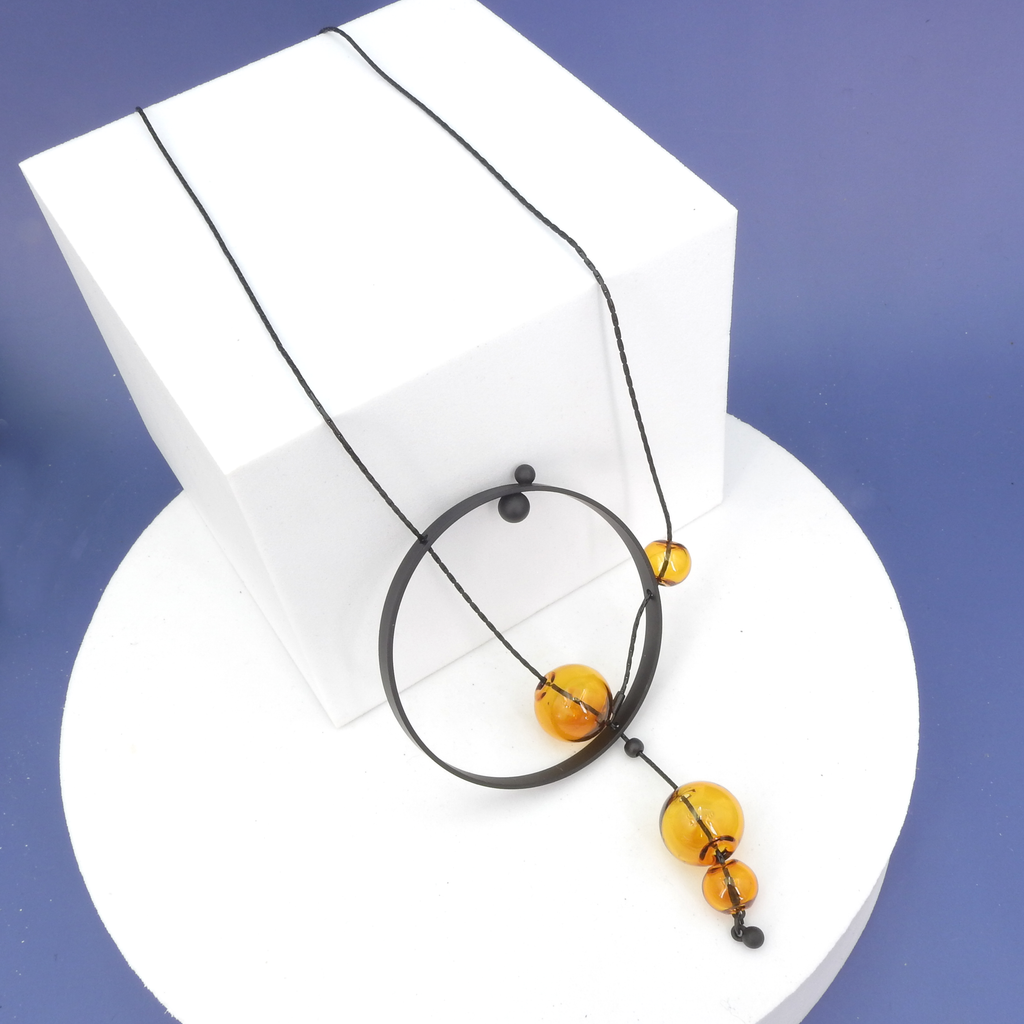 Black Circle & Amber Glass Layered Lariat Necklace