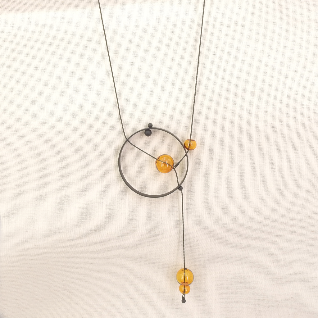 Black Circle & Amber Glass Layered Lariat Necklace
