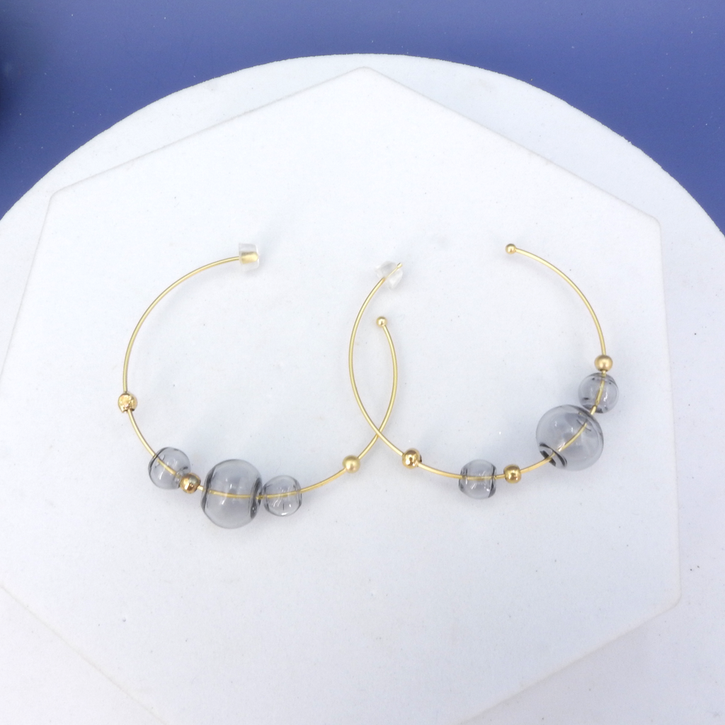 Gold Plated and Grey Glass Hoop Earrings