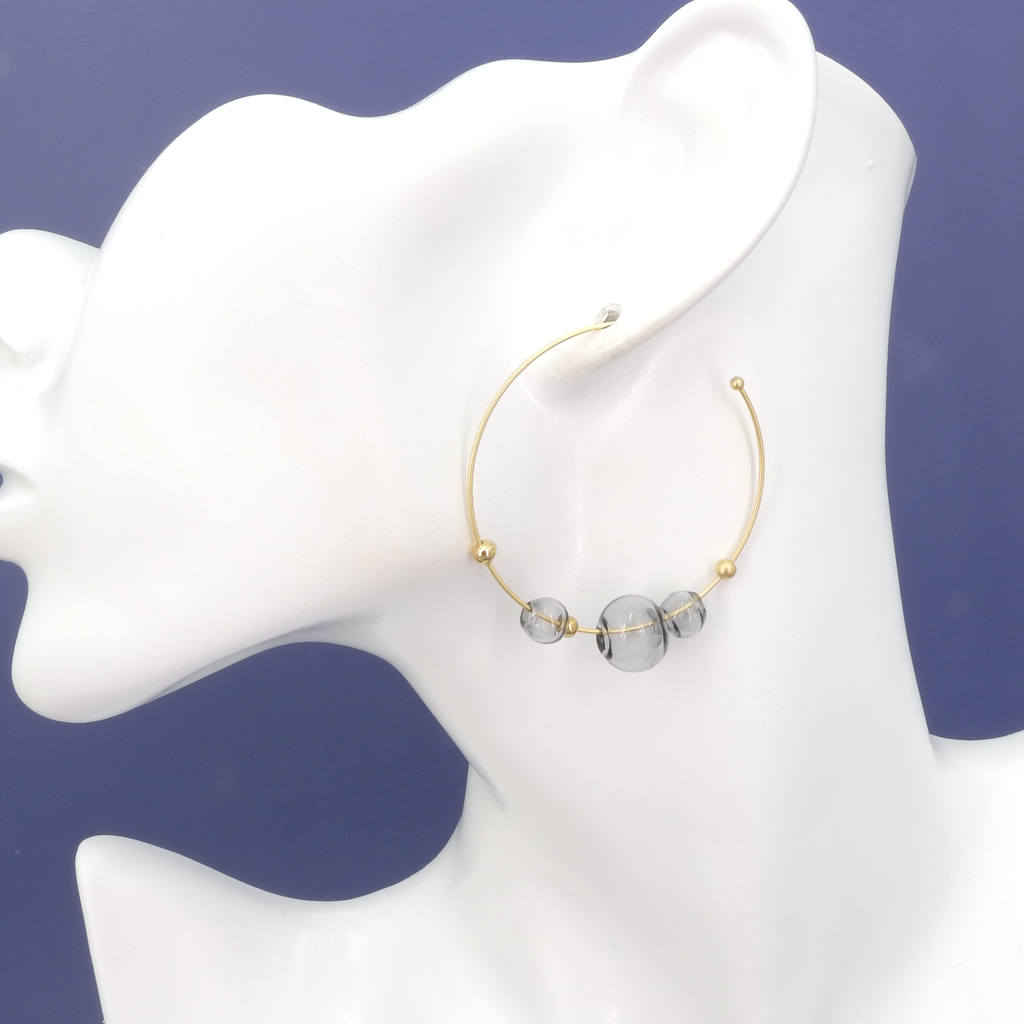 Gold Plated and Grey Glass Hoop Earrings