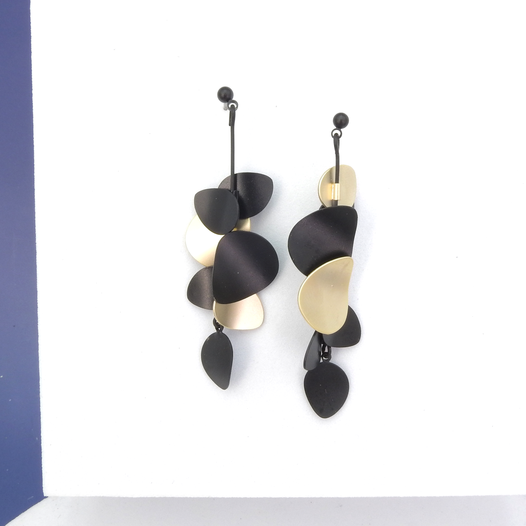 Black and Matte Gold Petal Dangle Earrings