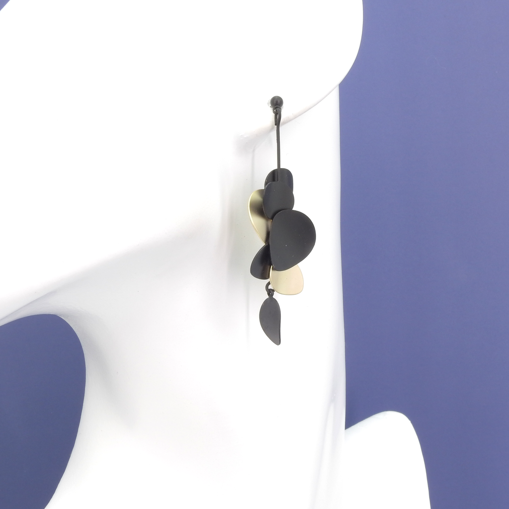 Black and Matte Gold Petal Dangle Earrings