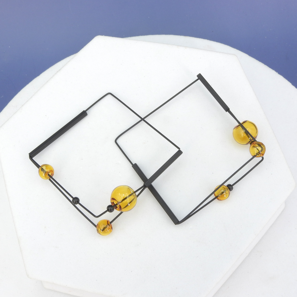 Black and Amber Glass Geometric Square Hoop Earrings
