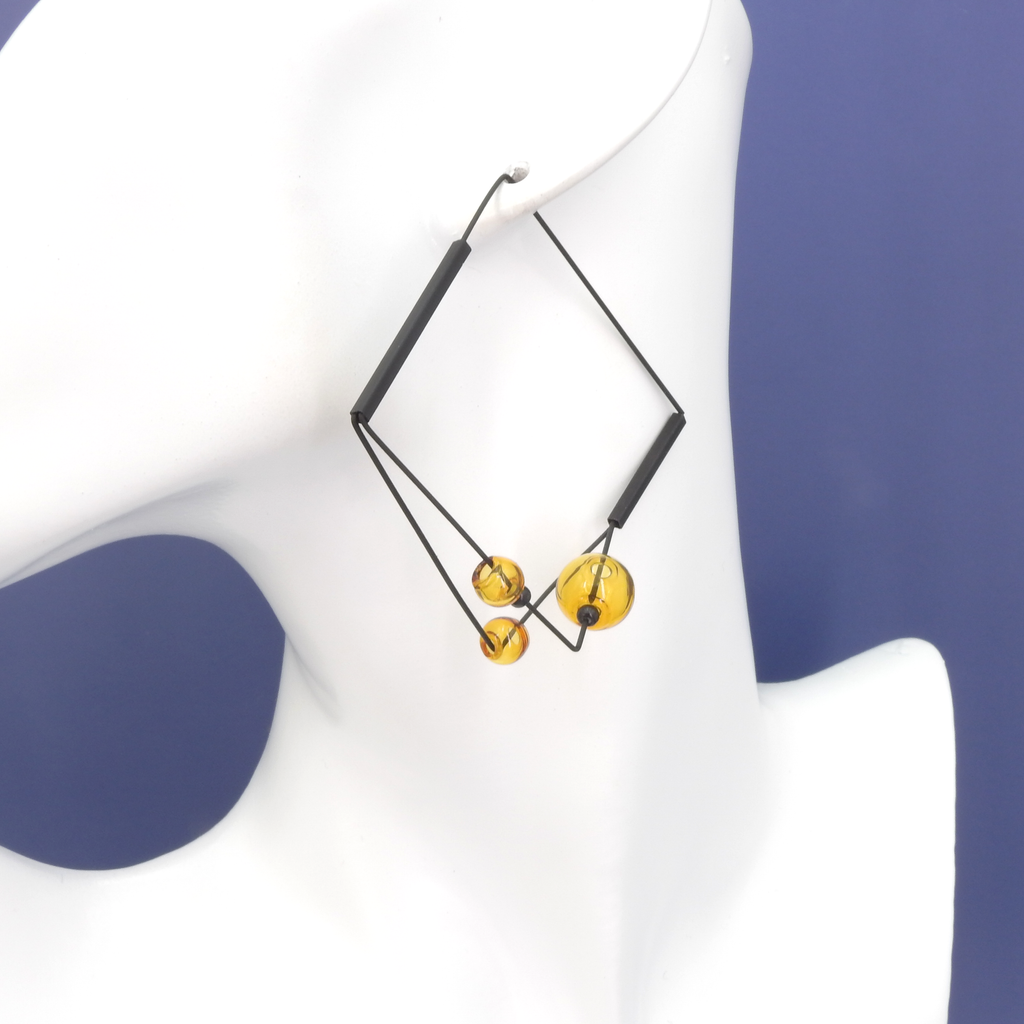 Black and Amber Glass Geometric Square Hoop Earrings