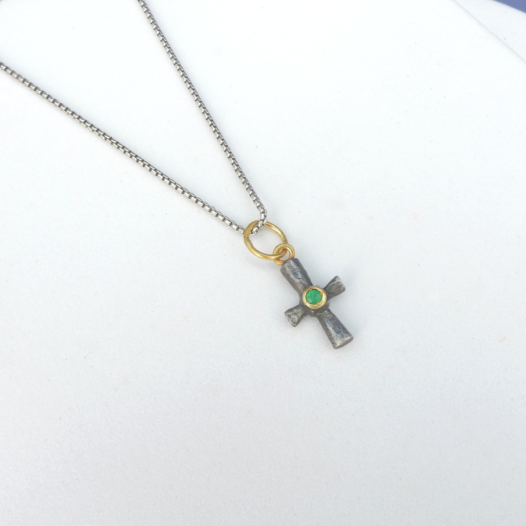 Sterling Silver 24KT & Emerald Byzantine Cross Necklace
