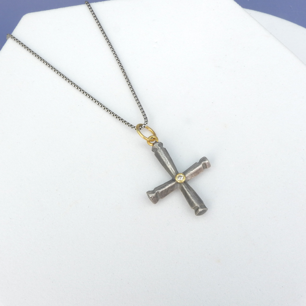 Sterling Silver 24KT Byzantine Cross Pendant w/ Diamond