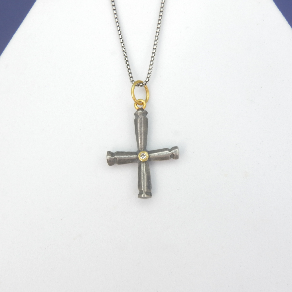 Sterling Silver 24KT Byzantine Cross Pendant w/ Diamond