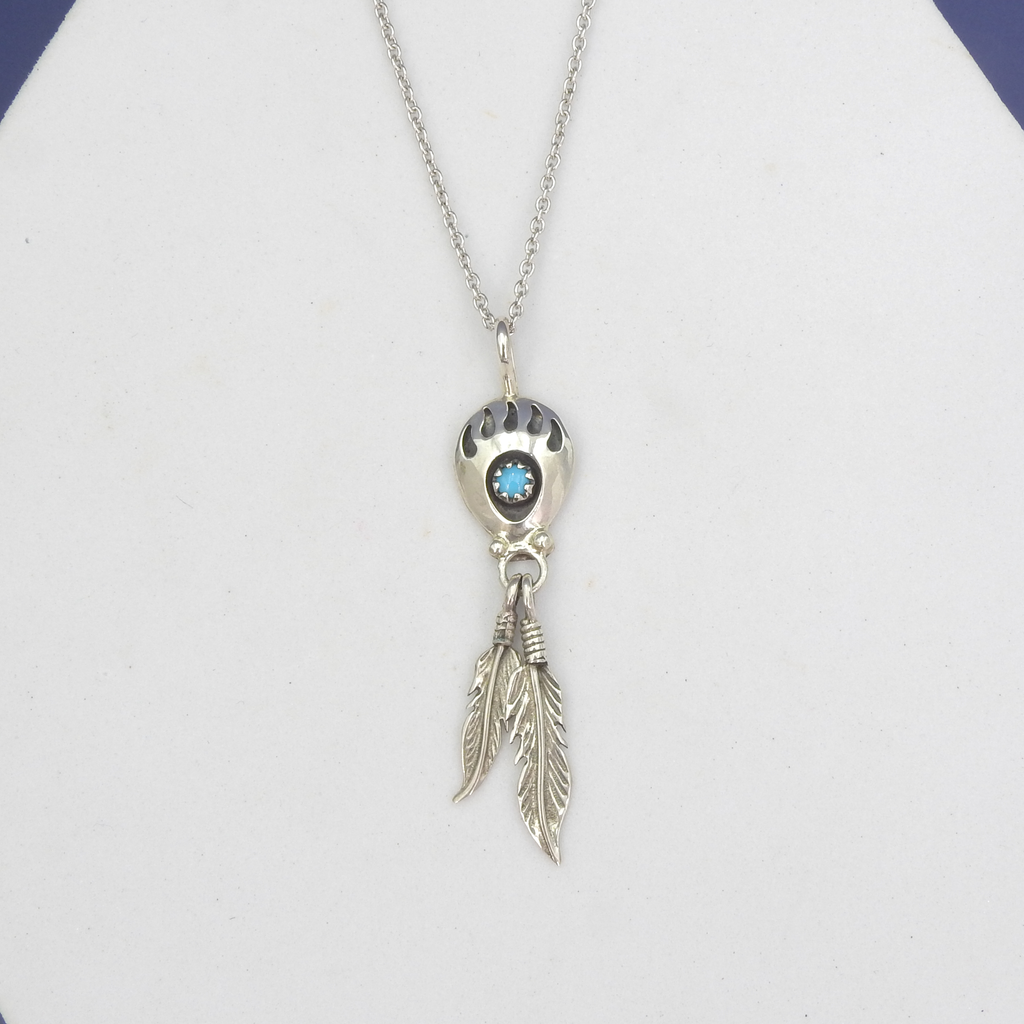Sterling Silver Bear Paw & Feather Turquoise Necklace