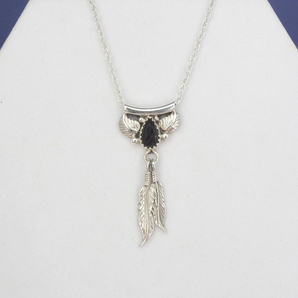 Sterling Silver Native American Onyx Feather Necklace