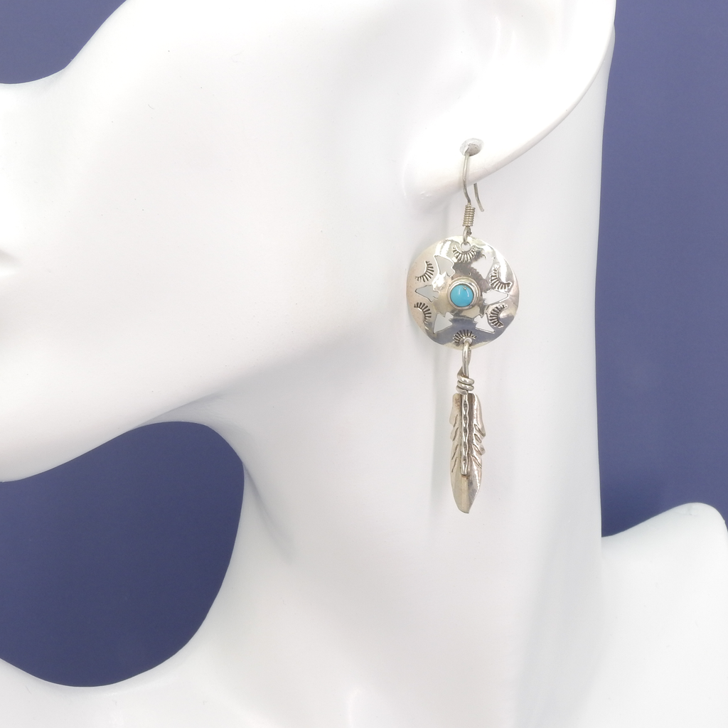 Sterling Silver Disc & Feather Turquoise Earrings