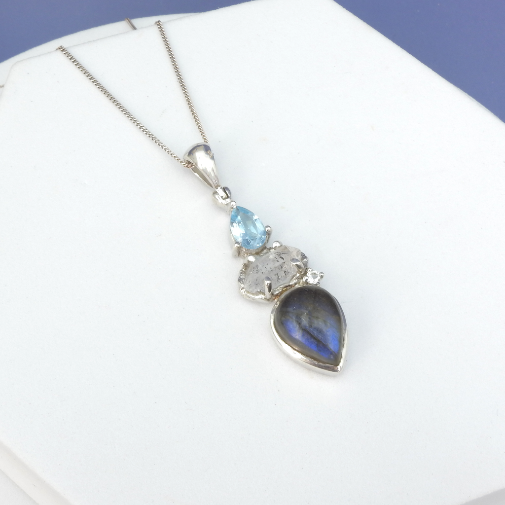 Sterling Silver Labradorite, Herkimer Diamond & Blue Topaz Pendant