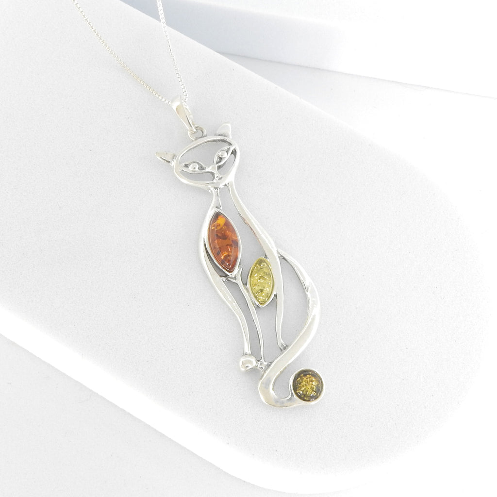 Sterling Silver Cat Amber Pendant