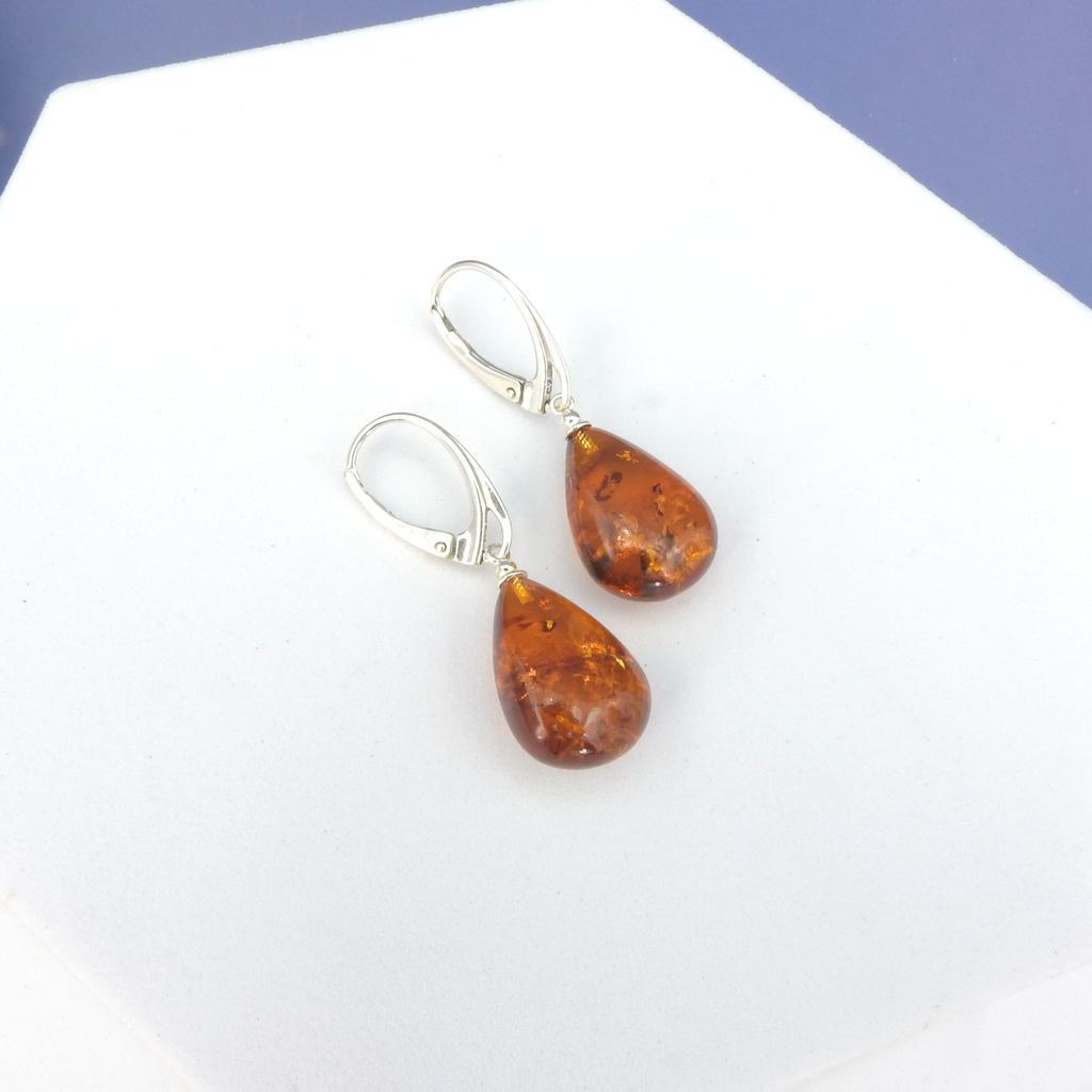 Sterling Silver Pear Shaped Amber Drop Earrings