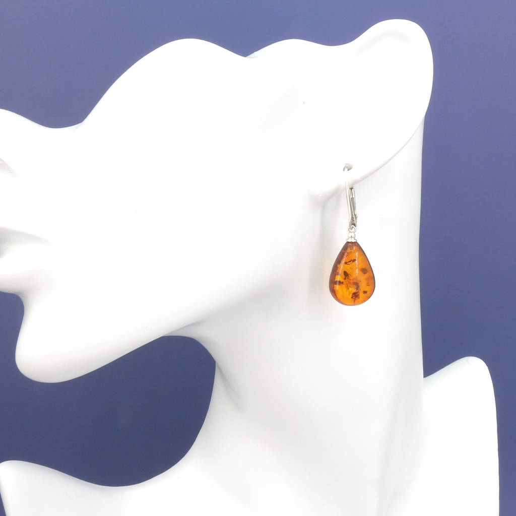 Sterling Silver Pear Shaped Amber Drop Earrings