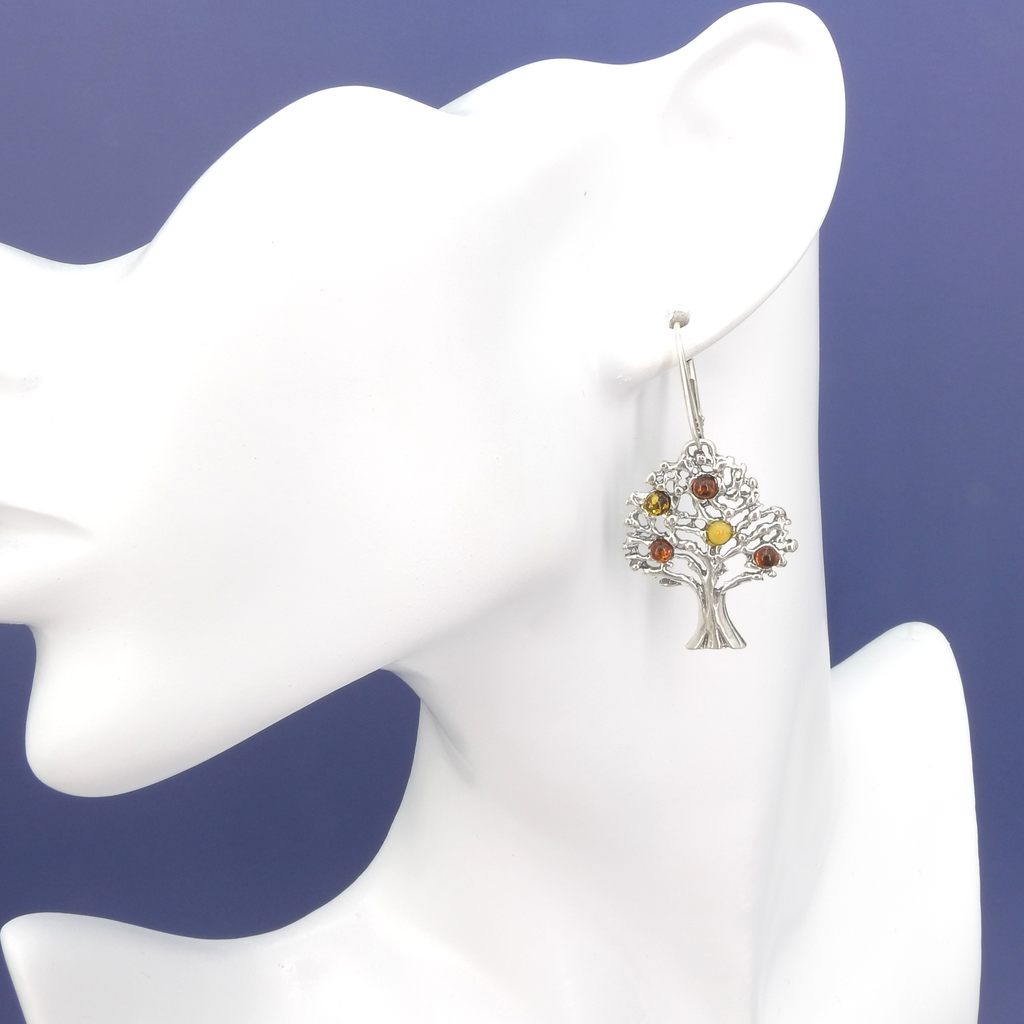 Sterling Silver Amber Tree of Life Earrings