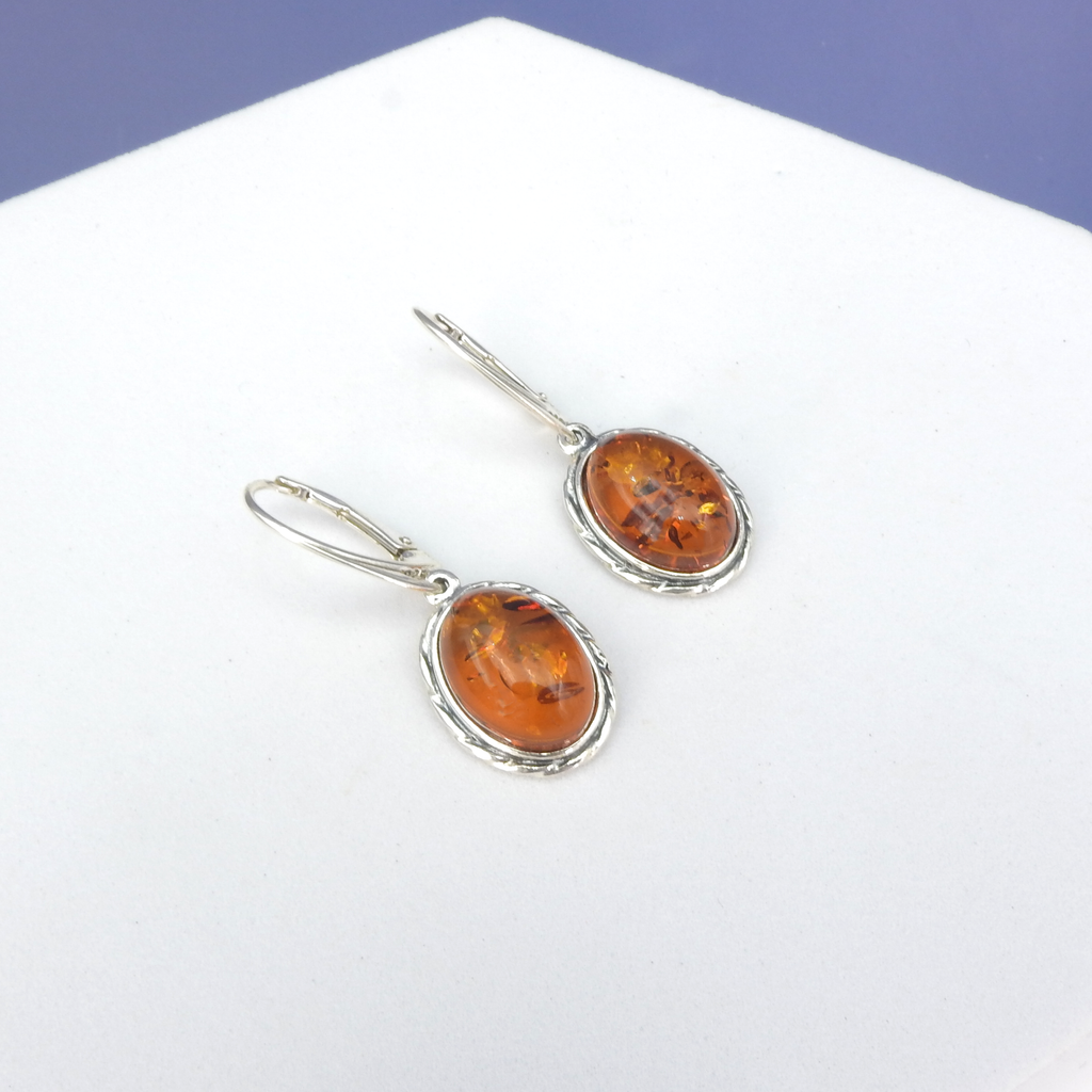 Sterling Silver Oval Amber Earrings
