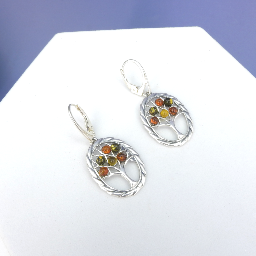 Sterling Silver Oval Tree of Life Amber Earrings