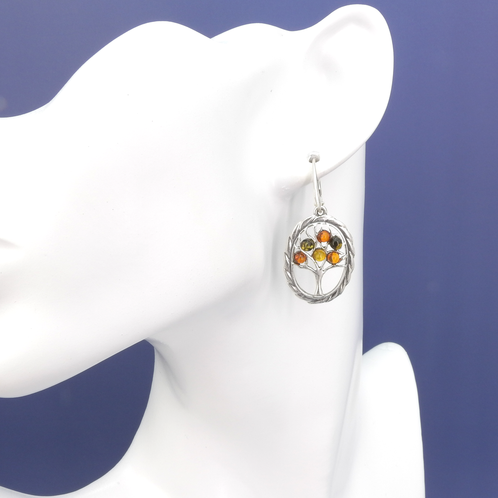 Sterling Silver Oval Tree of Life Amber Earrings