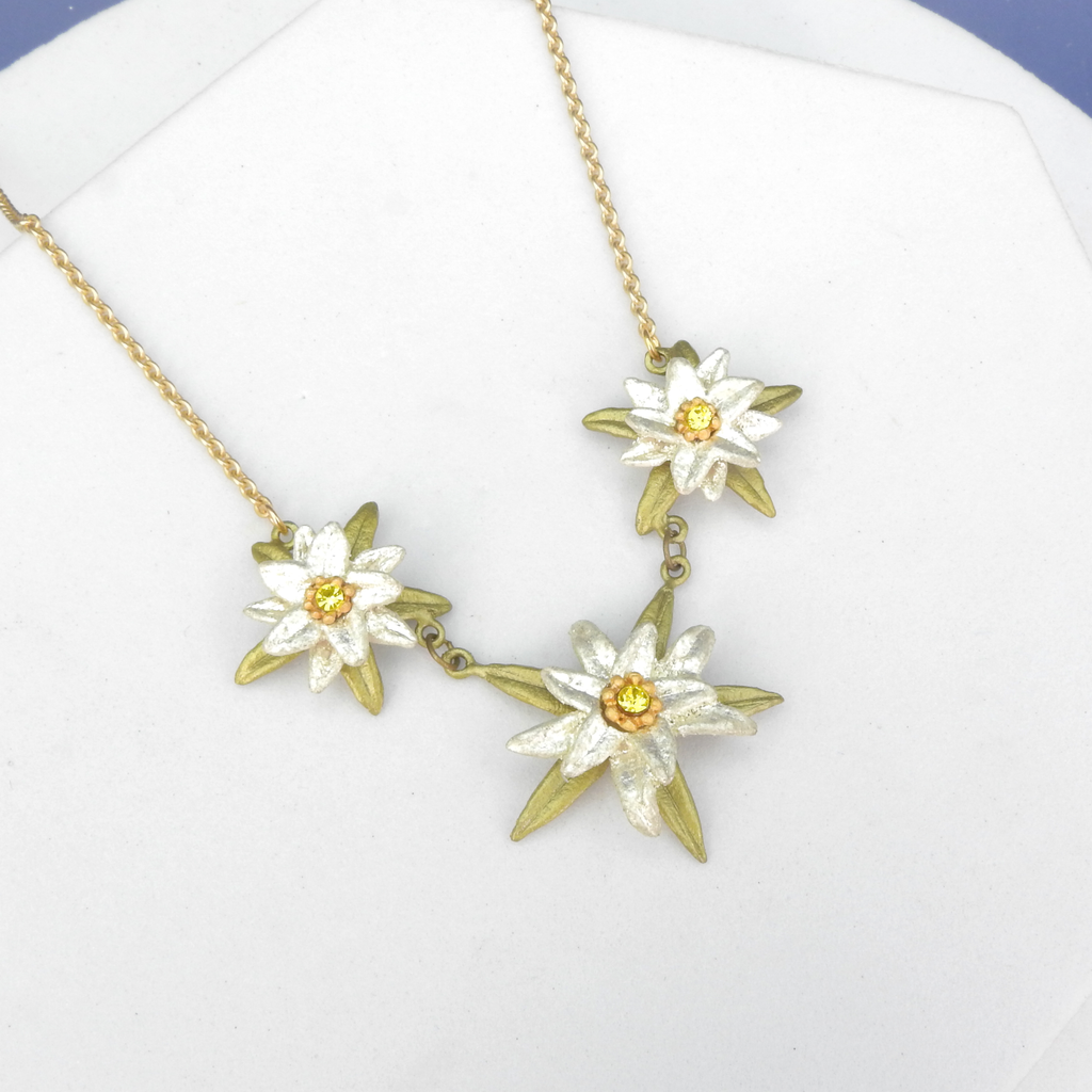 Michael Michaud Cast Bronze Gold Leaf Triple Edelweiss Necklace